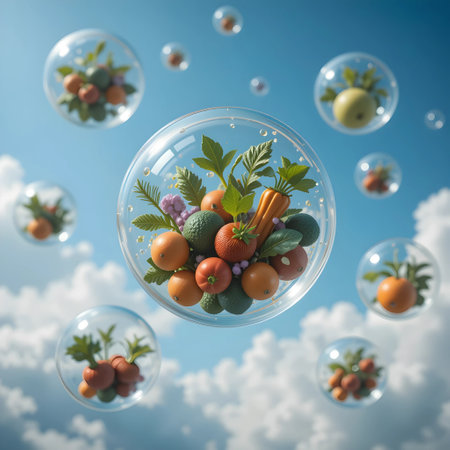 Fruit and vegetables floating in the air bubbles. 3d renderingの素材