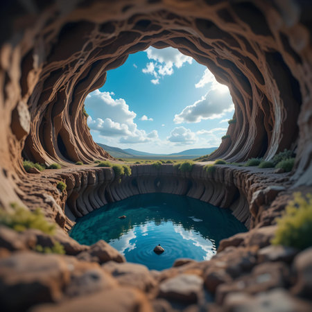 View from the cave of the river in the desert with blue skyの素材