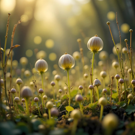 Beautiful white flowers in the forest at sunset. Selective focus.の素材