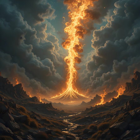 Flaming volcano in the sky. 3D illustration. Fantasy landscape.の素材