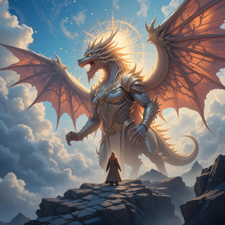 Dragon with a woman on the background of the sky. 3D renderingの素材