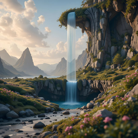 Fantasy landscape with a waterfall in the mountains. 3d renderingの素材