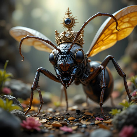 3d illustration of a fairy ant with golden crown on her headの素材