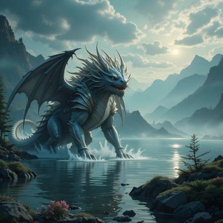 Dragon on the lake in the mountains. 3d render illustration.の素材