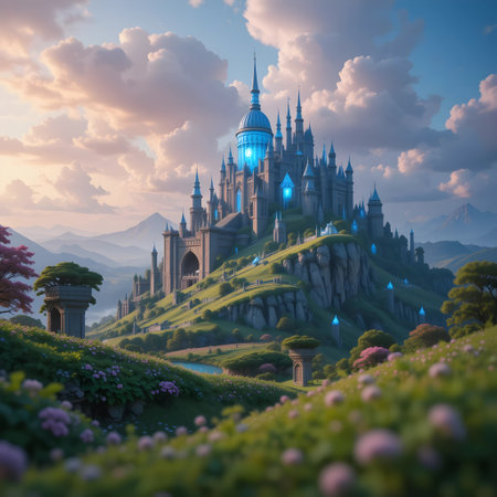 Magic Fairy Tale Castle on the hill, fantasy landscape, 3d renderの素材