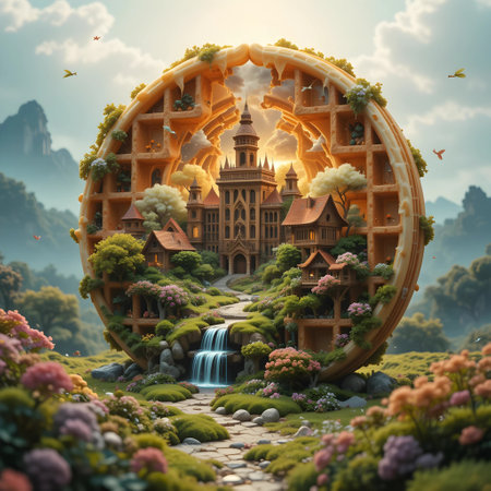 Fantasy landscape with castle in the form of a heart. 3d renderingの素材