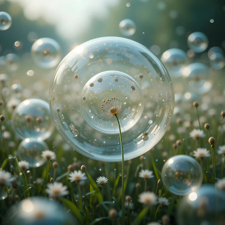 Soap bubbles with dandelion flower in the meadow.の素材