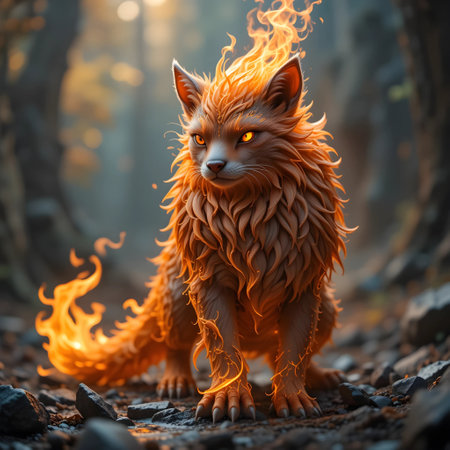 Fantasy red fox in the forest. 3d rendering. Computer digital drawing.の素材