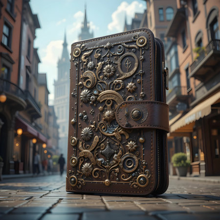 Old leather suitcase on the street of the old town of Frankfurt, Germanyの素材