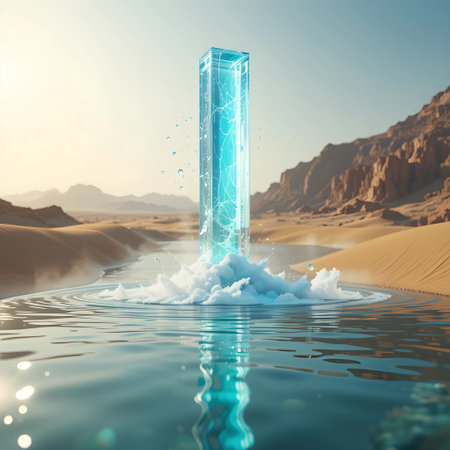 Futuristic 3d rendering of blue crystal object in the desertの素材