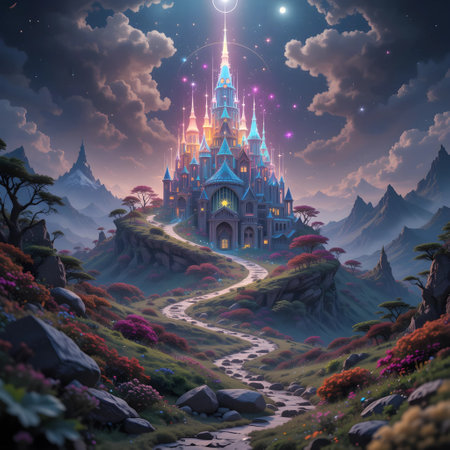Magic Fairy Tale Castle in Fantasy Landscape. 3D Renderingの素材