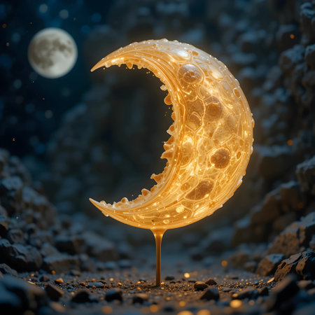 3D illustration of a golden crescent moon in the night skyの素材