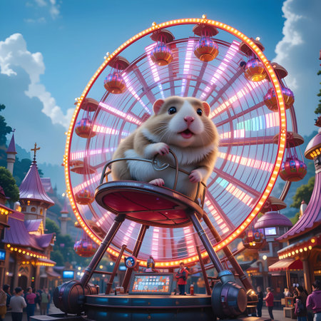 Hamster on a ferris wheel at the amusement park. 3D rendering.の素材