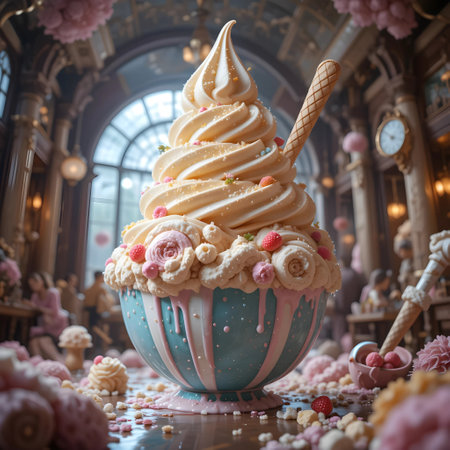 Cupcake with whipped cream and wafer cones on the tableの素材