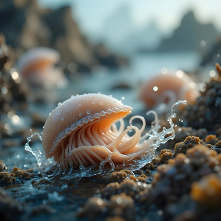 Sea shells on the rocks at sunset. Shallow depth of field.の素材
