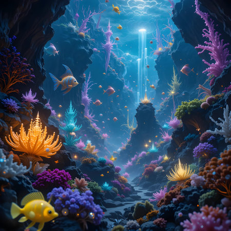 Underwater scene with coral reef and fish. 3D rendering.の素材