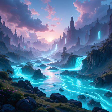 Fantasy landscape with a waterfall and a lake. Vector illustration.の素材