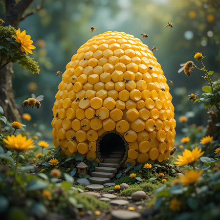 Easter egg in the forest with bees. 3D illustration.の素材