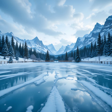 Beautiful winter landscape with frozen lake and snow-capped mountainsの素材