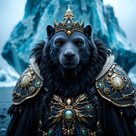 Fantasy image of a black bear in a golden crown on the background of a mountain lake.の素材