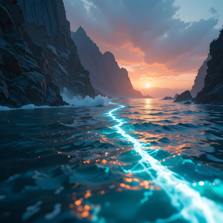 Fantasy landscape with sea and mountains. 3d render illustration.の素材
