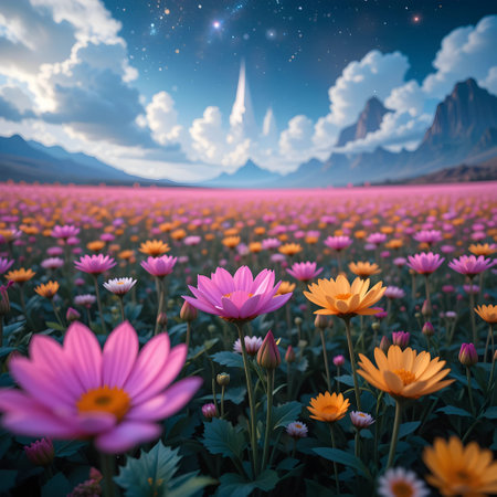 Beautiful flowers in the meadow at sunset, 3d renderingの素材