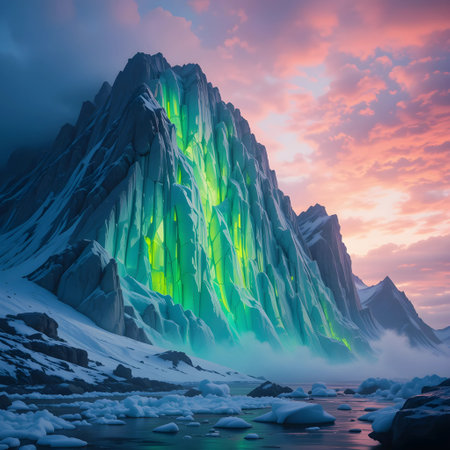 Icebergs in the glacier at sunset. 3D illustration.の素材