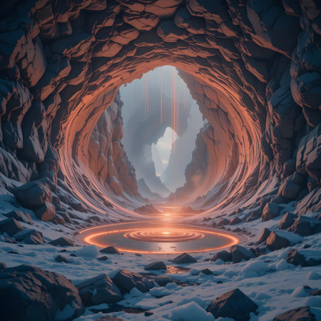 3d illustration of an entrance to the cave in winter with neon lightの素材