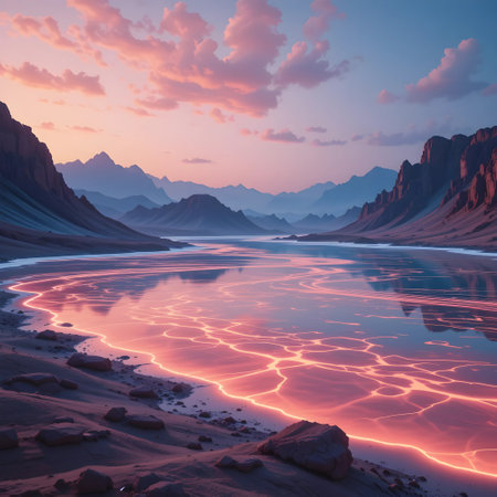 Fantasy alien planet. Mountain and lake. 3D illustration.の素材