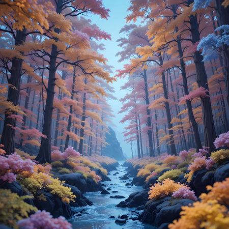 Autumn forest with a stream and colorful trees. 3d renderの素材