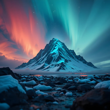 Fantastic aurora borealis over snowy mountain peak in Icelandの素材