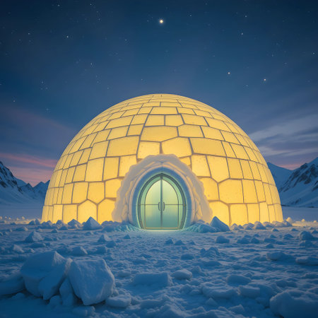 3D rendering of an igloo in the snow at night.の素材