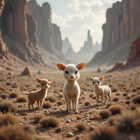 Cute little lambs in the desert. 3d rendering.の素材