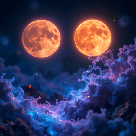 Fiery moon and smoke in the night sky. 3d renderingの素材
