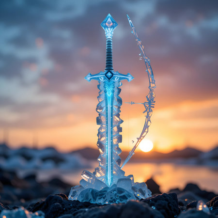 Fantasy crystal sword on the beach at sunset. 3d renderingの素材