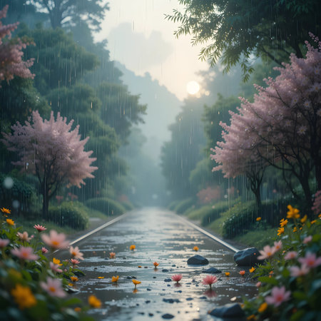 Flower garden in rainy season with light and rain, vintage toneの素材