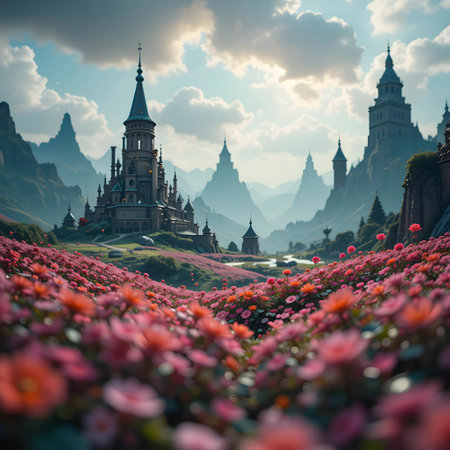 Mystical fairytale fantasy world. Fairytale landscape with fantasy castlesの素材