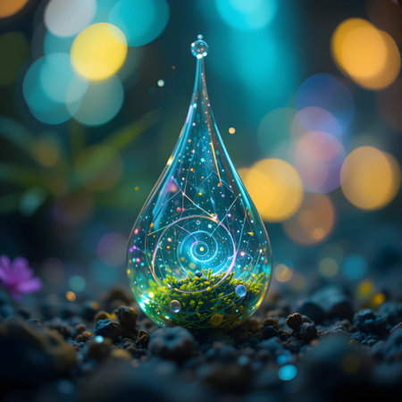 Water drop with colorful bokeh background, 3D illustration.の素材