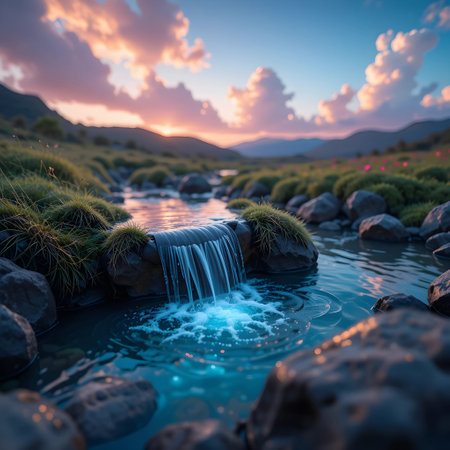 Fantastic sunset over a small waterfall in the mountain lake.の素材