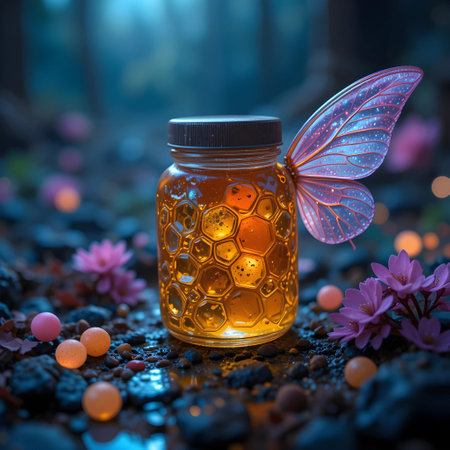 Honey in glass jar with butterfly and flower on dark background.の素材