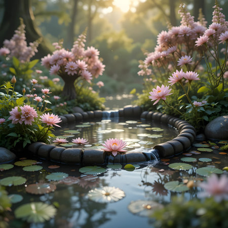 Beautiful flower garden in the morning with sunlight, soft focus.の素材