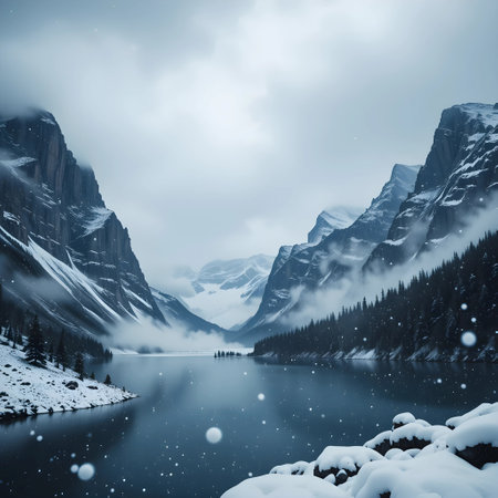 Beautiful winter landscape with snow covered mountains and lake, Canadian Rockiesの素材