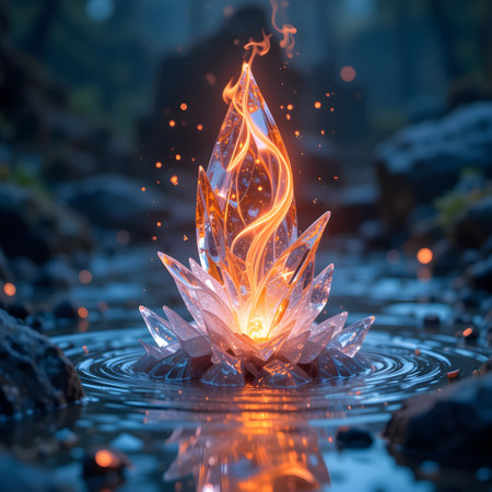 Candle burning in water with reflection in the water, abstract backgroundの素材