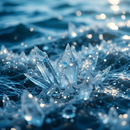 Ice crystals on the water surface with bokeh effect. Winter backgroundの素材