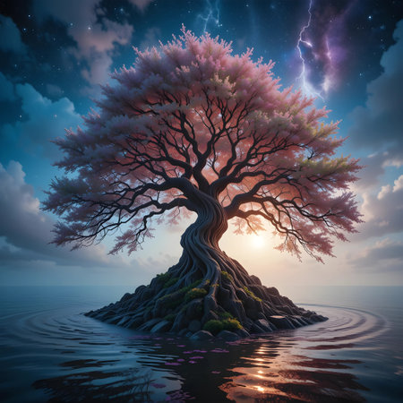Beautiful tree in the sea at sunset. 3D illustration.の素材
