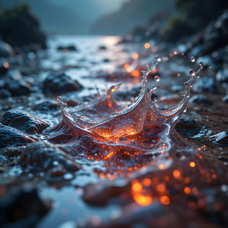 Beautiful water drops on the river. 3d rendering, 3d illustration.の素材