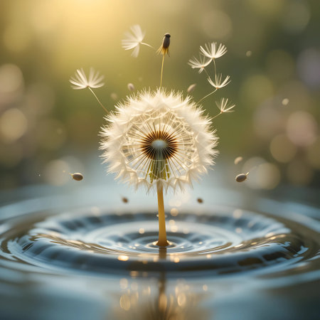 Dandelion on a background of water drops. 3d renderingの素材