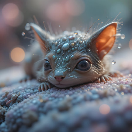 Portrait of a cute little kitten with blue eyes on a background of blurred lightsの素材