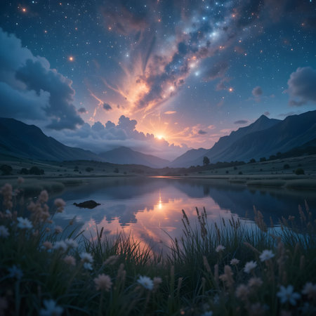 Beautiful night landscape with lake, mountains and sky with stars.の素材