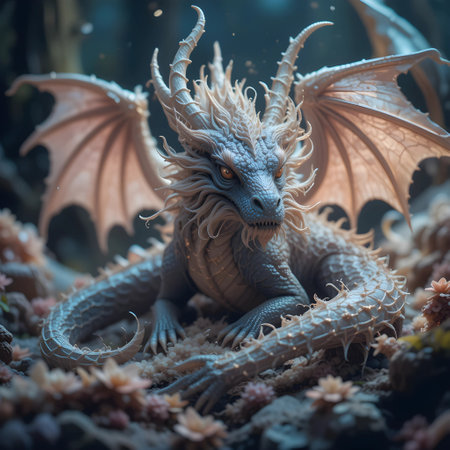 3d rendering of a fantasy dragon on a background of coralsの素材